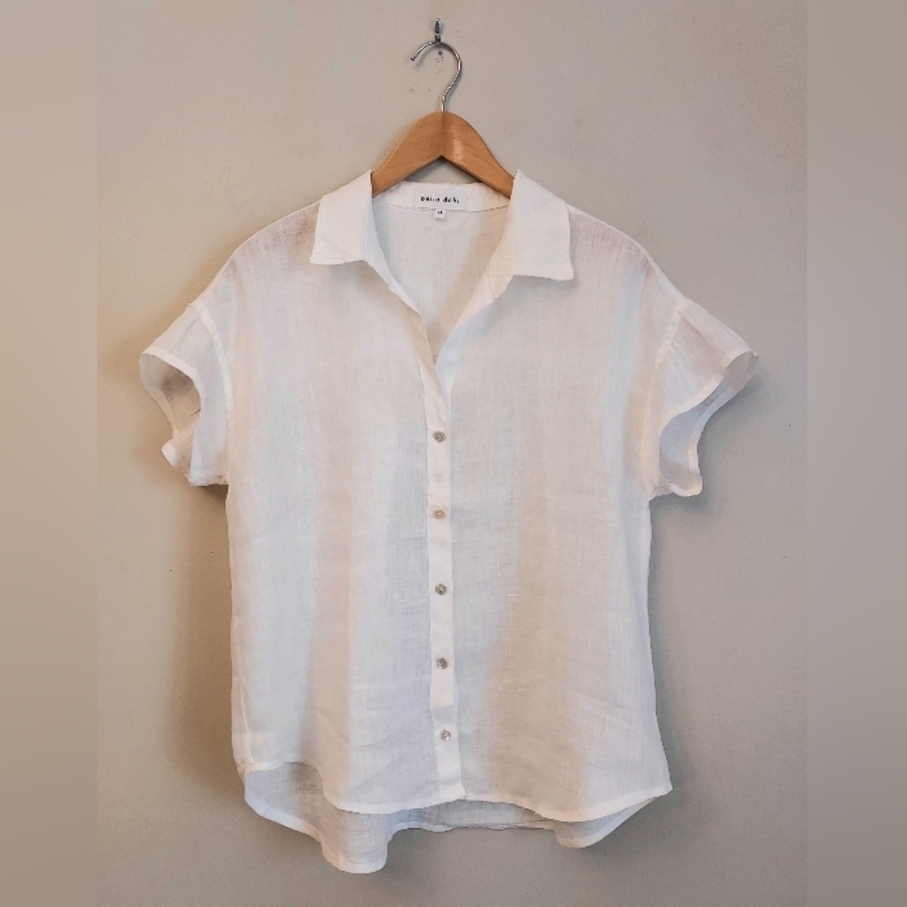 Bella Dahl NEW White Linen Ruffled Short Sleeve Top Shirt Blouse Size Medium - Picture 5 of 15